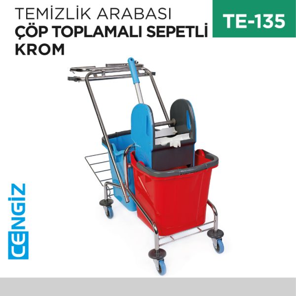 TEMİZLİK ARABASI KROM ÇÖP TOPLAMALI SEPETLİ (CK760)