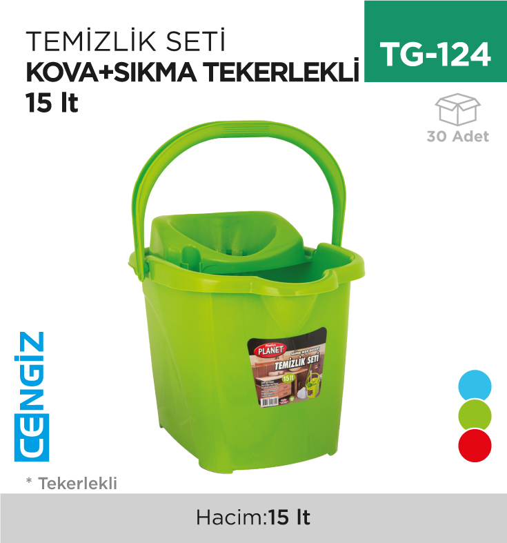 TEMİZLİK SETİ KOVA+SIKMA TEKERLEKLİ 15 LT ORJ. (UP 605)